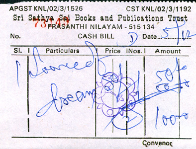 receipt from Prashanthi for sale of Source of the Dream