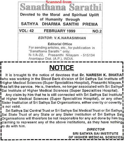 Dr. N. Bhatia exclusion notice from Sanathana Sarathi