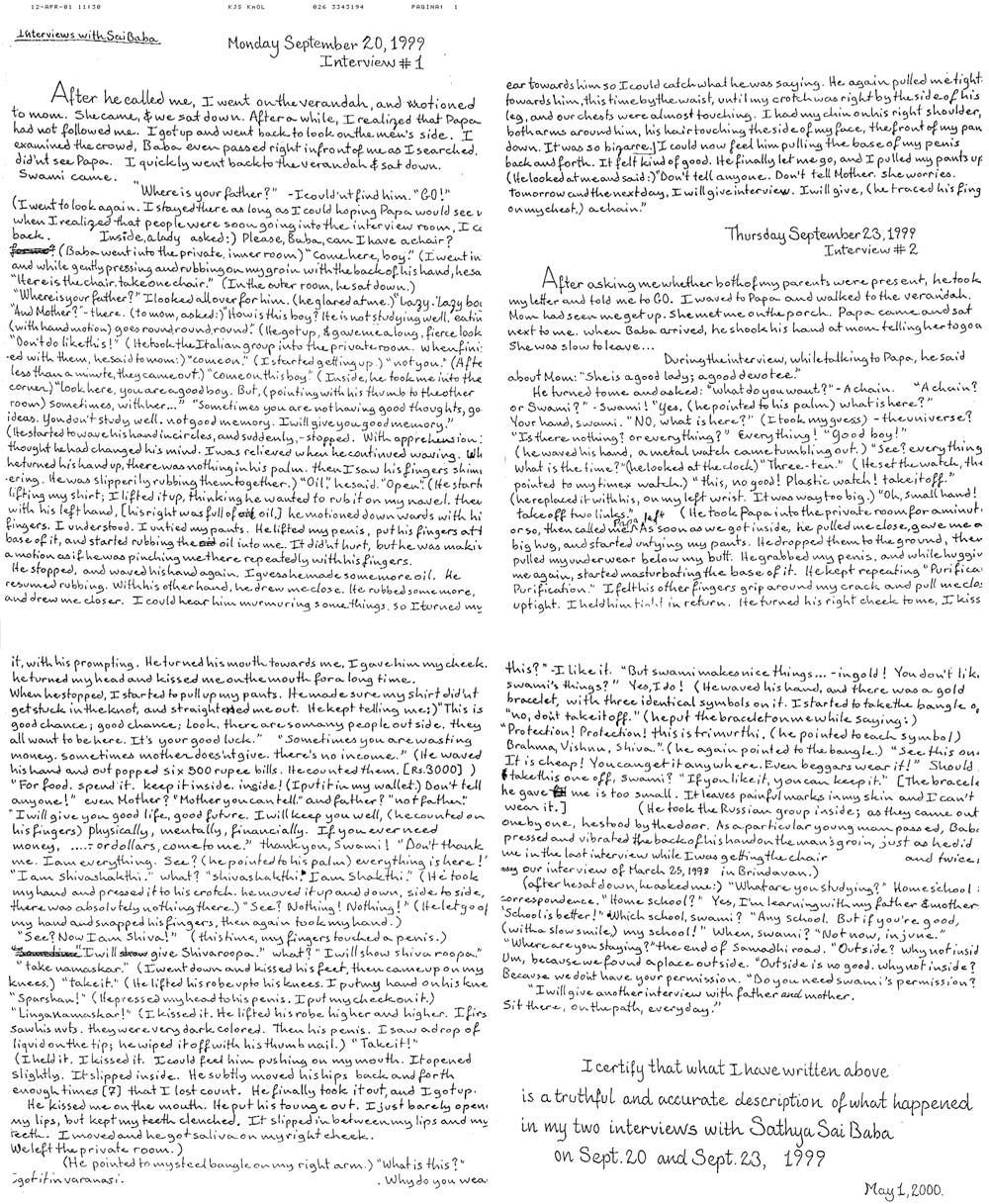 Letter facsimile of 15-year old Chapotin about Sathya Sai baba sexual abuse